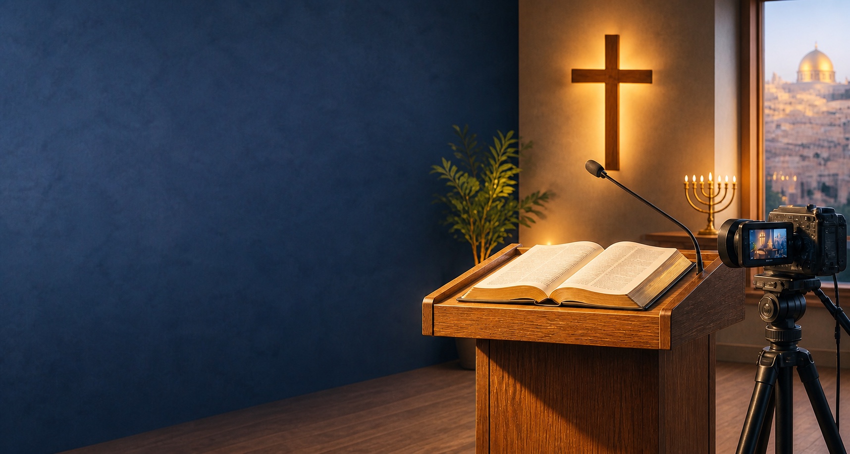 Aufzeichnung eines christlichen Lehrvideos mit Bibel, Kreuz und Kamera